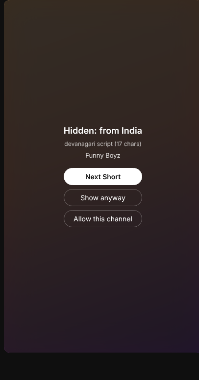 A YouTube Short from India hidden by Geo No, with Next Short, Show anyway and Allow this channel buttons