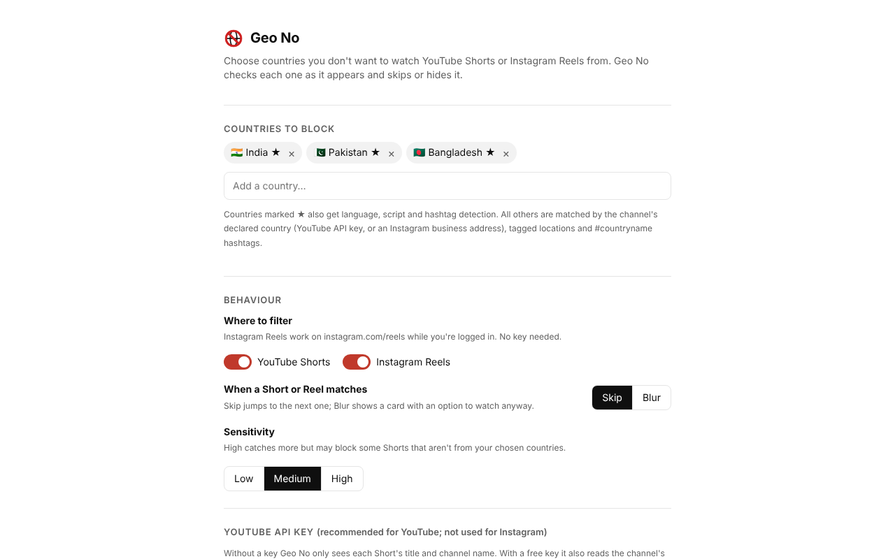 Geo No settings page: choose countries to block, skip or blur, sensitivity, YouTube API key